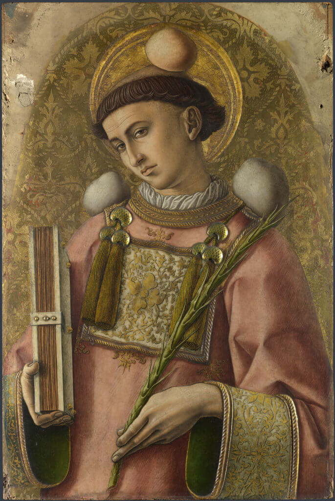 San Esteban, protomártir 
Autor: Carlo Giovanni Crivelli- Los objetos alrededor de la cabeza y el cuerpo de San Esteban son representaciones de las rocas que se utilizaron para matarlo.
Fecha: El autor pinta el retrato de San Esteban hacia 1476
Fuente: Wikipedia
